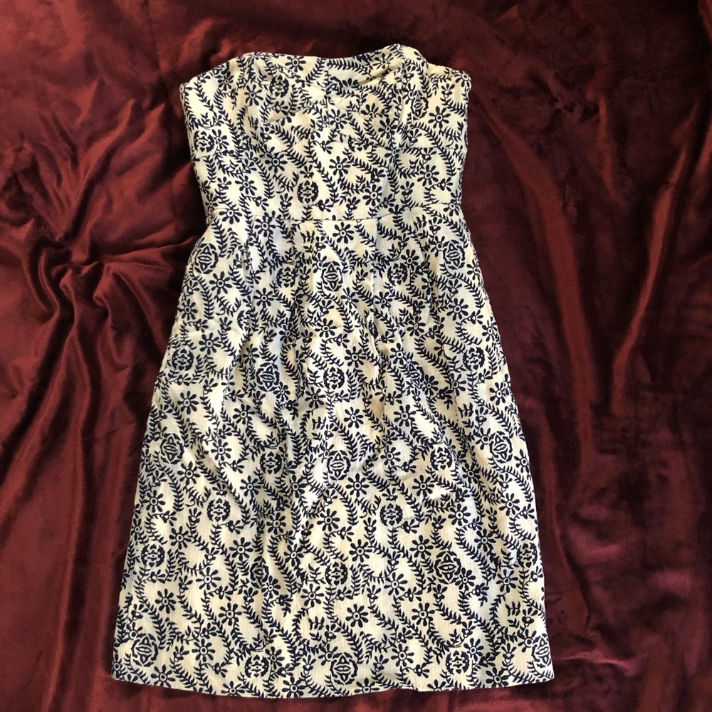 J. Crew Strapless Navy and White Floral Sheath Dress